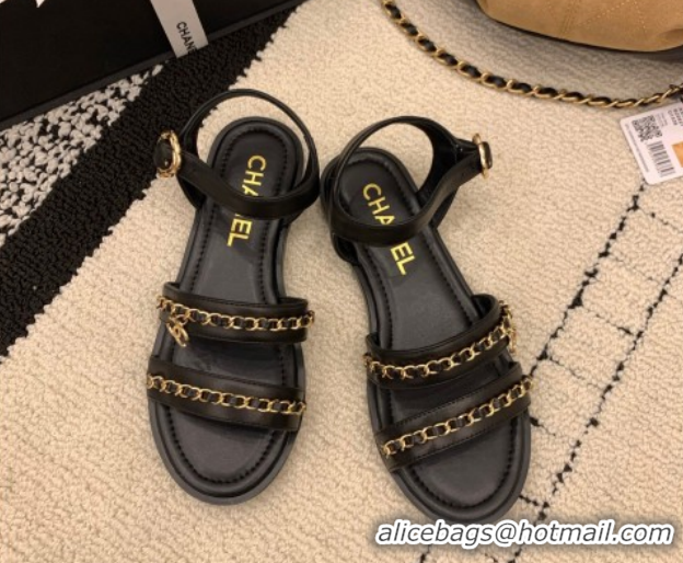 Perfect Chanel Calfskin Leather Flat Sandals with Chain Black G46801