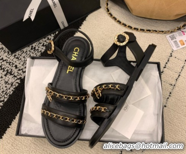 Perfect Chanel Calfskin Leather Flat Sandals with Chain Black G46801