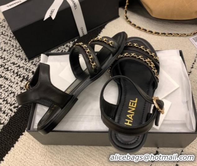 Perfect Chanel Calfskin Leather Flat Sandals with Chain Black G46801