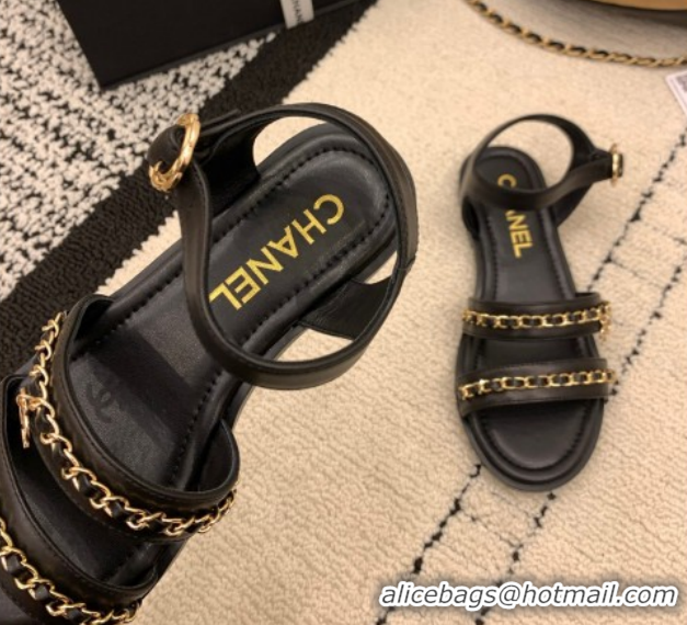Perfect Chanel Calfskin Leather Flat Sandals with Chain Black G46801