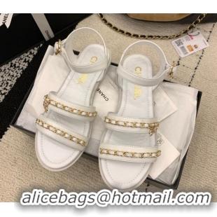 Shop Cheap Chanel Calfskin Leather Flat Sandals with Chain G46801 White