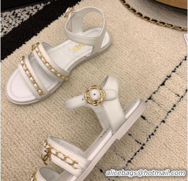 Shop Cheap Chanel Calfskin Leather Flat Sandals with Chain G46801 White