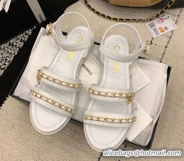 Shop Cheap Chanel Calfskin Leather Flat Sandals with Chain G46801 White