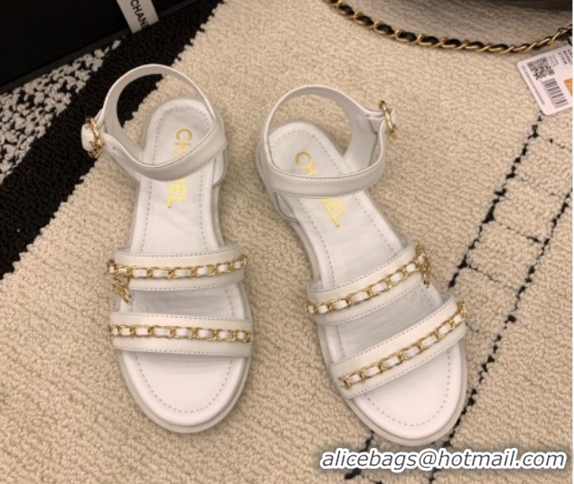 Shop Cheap Chanel Calfskin Leather Flat Sandals with Chain G46801 White