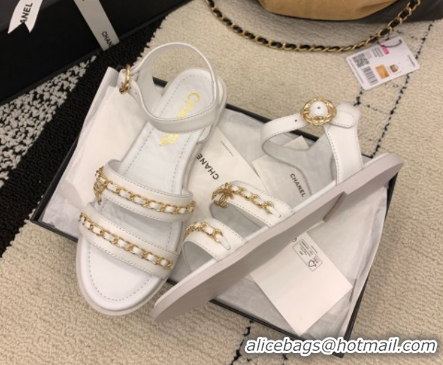 Shop Cheap Chanel Calfskin Leather Flat Sandals with Chain G46801 White
