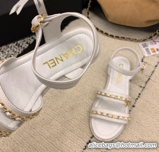 Shop Cheap Chanel Calfskin Leather Flat Sandals with Chain G46801 White