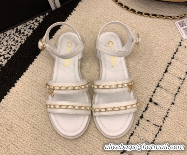 Shop Cheap Chanel Calfskin Leather Flat Sandals with Chain G46801 White