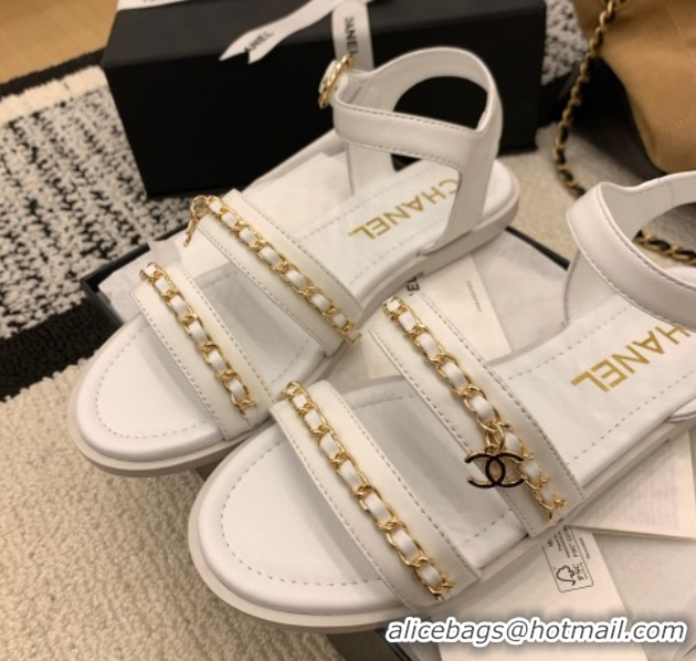 Shop Cheap Chanel Calfskin Leather Flat Sandals with Chain G46801 White