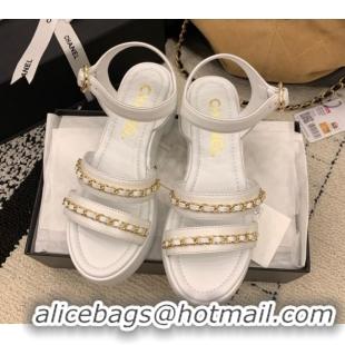 Good Quality Chanel Calfskin Leather Platform Sandals 6cm with Chain G46800 White