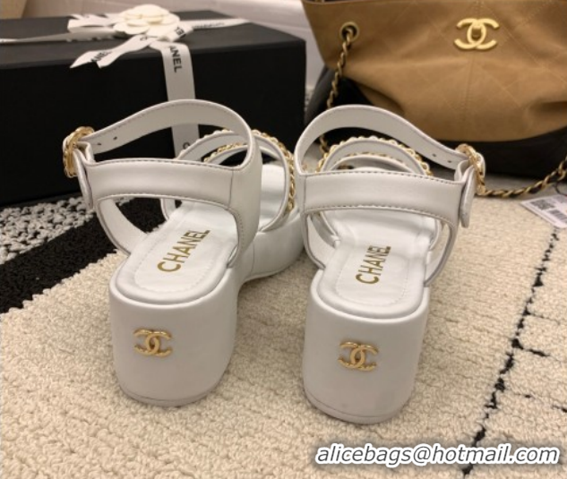 Good Quality Chanel Calfskin Leather Platform Sandals 6cm with Chain G46800 White