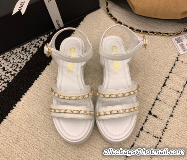 Good Quality Chanel Calfskin Leather Platform Sandals 6cm with Chain G46800 White