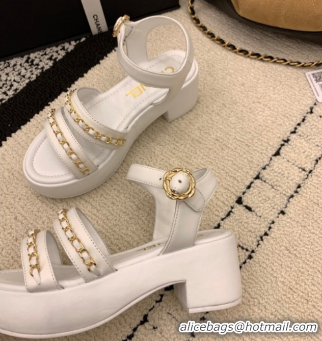 Good Quality Chanel Calfskin Leather Platform Sandals 6cm with Chain G46800 White