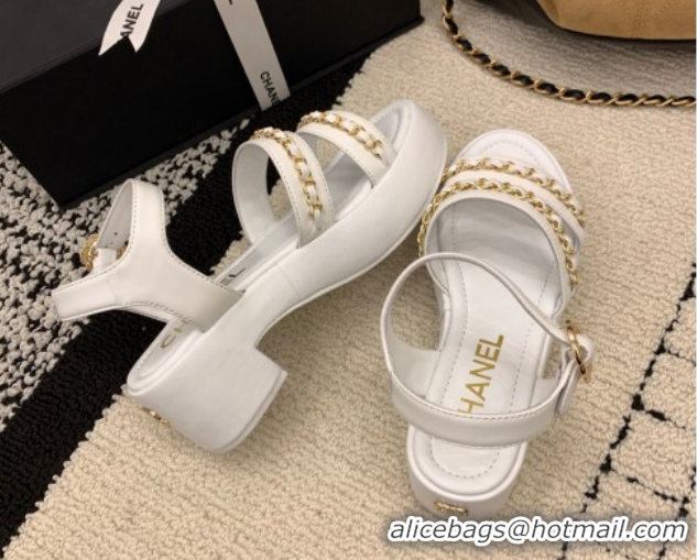 Good Quality Chanel Calfskin Leather Platform Sandals 6cm with Chain G46800 White