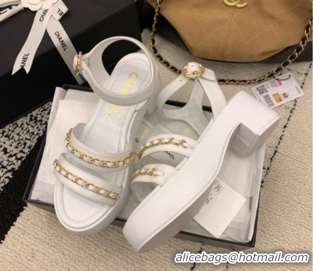 Good Quality Chanel Calfskin Leather Platform Sandals 6cm with Chain G46800 White