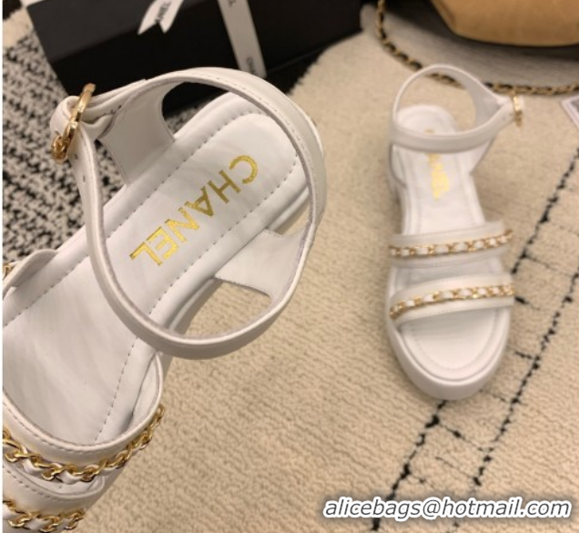 Good Quality Chanel Calfskin Leather Platform Sandals 6cm with Chain G46800 White