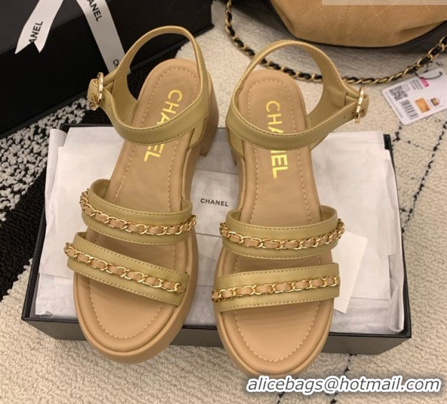 Good Quality Chanel Calfskin Leather Platform Sandals 6cm with Chain G46800 Beige 2026