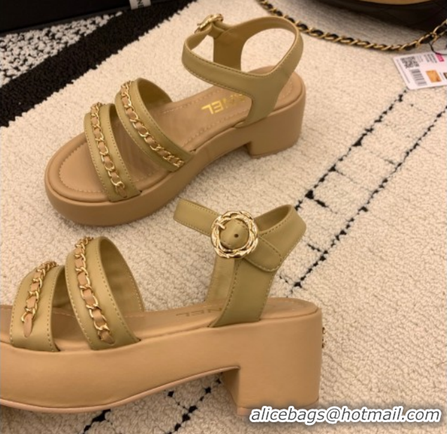 Good Quality Chanel Calfskin Leather Platform Sandals 6cm with Chain G46800 Beige 2026