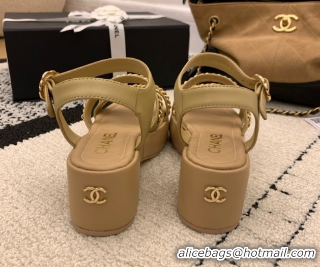 Good Quality Chanel Calfskin Leather Platform Sandals 6cm with Chain G46800 Beige 2026
