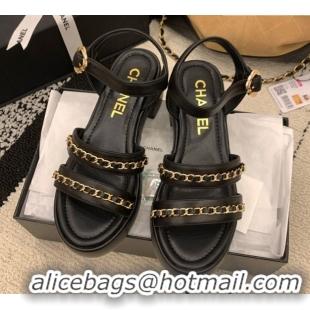 Best Grade Chanel Calfskin Leather Platform Sandals 6cm with Chain G46800 Black 2026