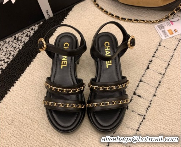 Best Grade Chanel Calfskin Leather Platform Sandals 6cm with Chain G46800 Black 2026