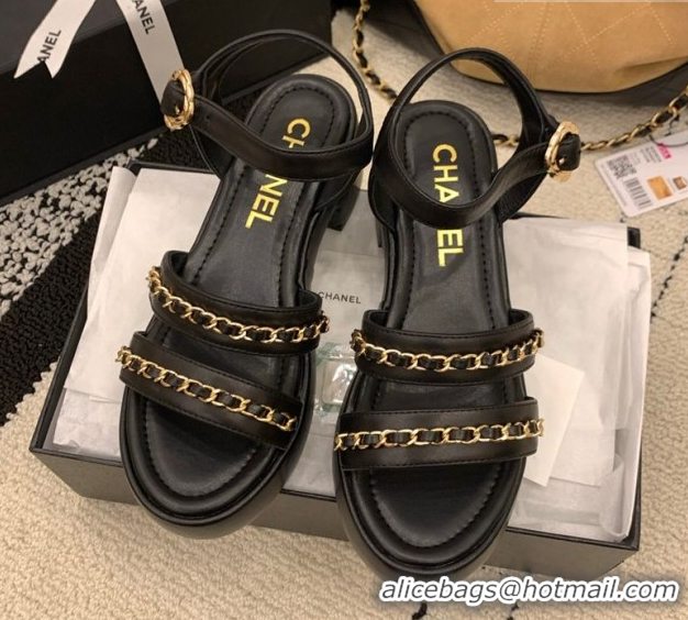 Best Grade Chanel Calfskin Leather Platform Sandals 6cm with Chain G46800 Black 2026