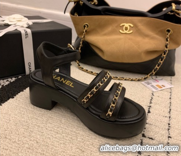 Best Grade Chanel Calfskin Leather Platform Sandals 6cm with Chain G46800 Black 2026