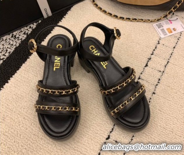 Best Grade Chanel Calfskin Leather Platform Sandals 6cm with Chain G46800 Black 2026
