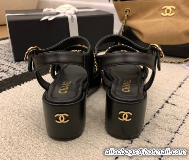 Best Grade Chanel Calfskin Leather Platform Sandals 6cm with Chain G46800 Black 2026