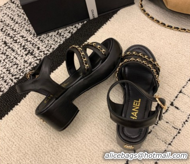 Best Grade Chanel Calfskin Leather Platform Sandals 6cm with Chain G46800 Black 2026