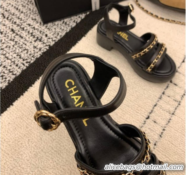 Best Grade Chanel Calfskin Leather Platform Sandals 6cm with Chain G46800 Black 2026