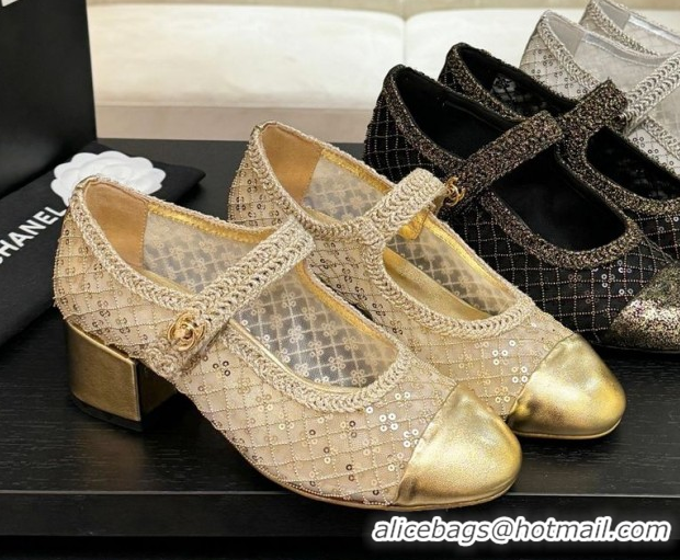 Grade Quality Chanel Mesh & Sequins Mary Janes Pumps CH122302 Gold 2026
