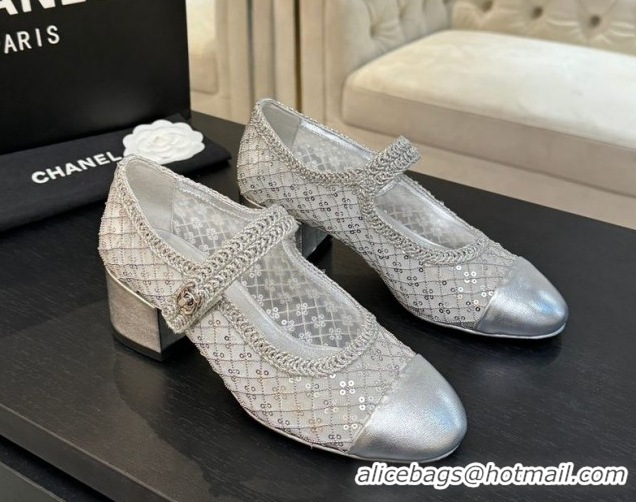 Luxury Chanel Mesh & Sequins Mary Janes Pumps CH122302 Silver 2026