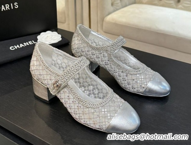 Luxury Chanel Mesh & Sequins Mary Janes Pumps CH122302 Silver 2026
