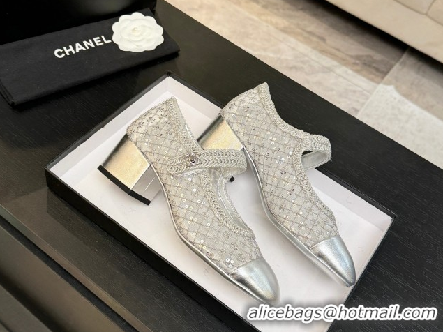 Luxury Chanel Mesh & Sequins Mary Janes Pumps CH122302 Silver 2026