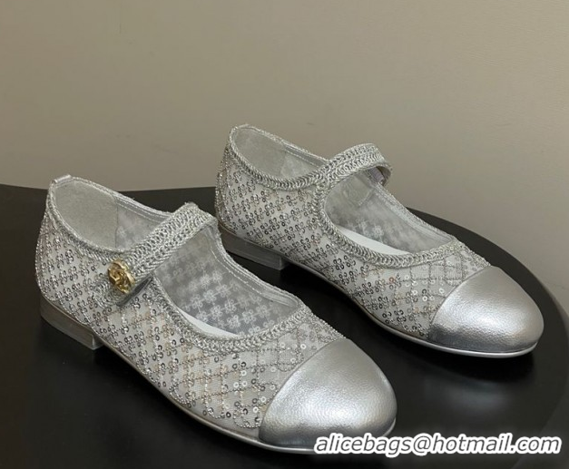 Luxurious Chanel Mesh & Sequins Mary Janes Flat CH122302 Silver 2026