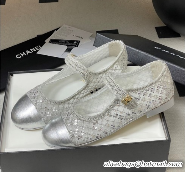 Luxurious Chanel Mesh & Sequins Mary Janes Flat CH122302 Silver 2026