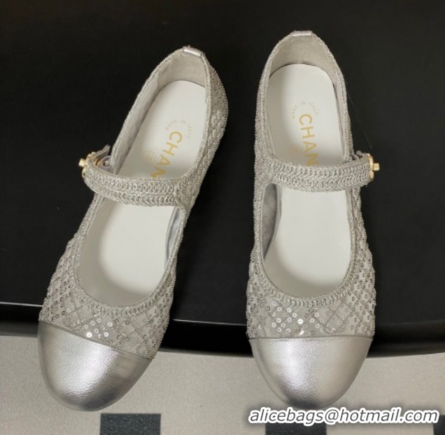 Luxurious Chanel Mesh & Sequins Mary Janes Flat CH122302 Silver 2026