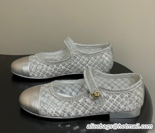 Luxurious Chanel Mesh & Sequins Mary Janes Flat CH122302 Silver 2026