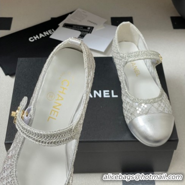 Luxurious Chanel Mesh & Sequins Mary Janes Flat CH122302 Silver 2026