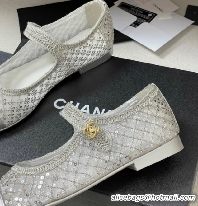 Luxurious Chanel Mesh & Sequins Mary Janes Flat CH122302 Silver 2026