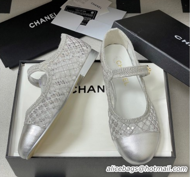 Luxurious Chanel Mesh & Sequins Mary Janes Flat CH122302 Silver 2026