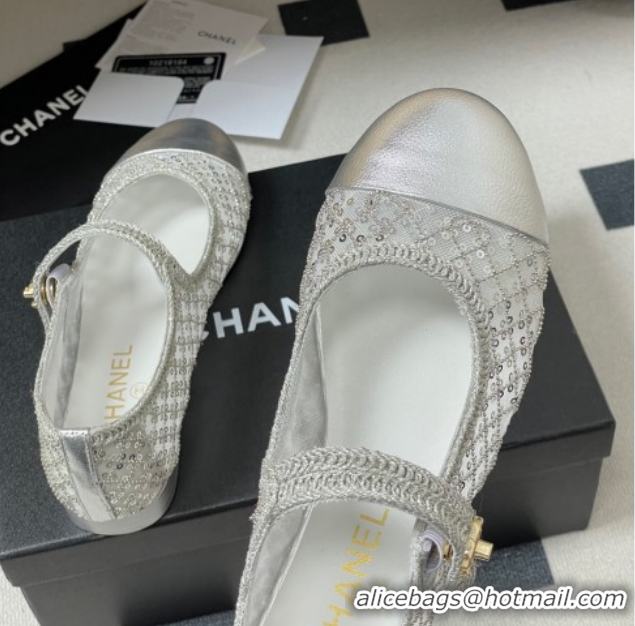 Luxurious Chanel Mesh & Sequins Mary Janes Flat CH122302 Silver 2026