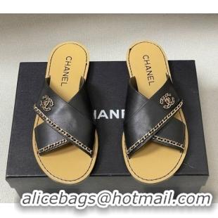 Top Design Chanel Calfskin Leather Flat Slides Sandal with Chain G46976 Black 2026