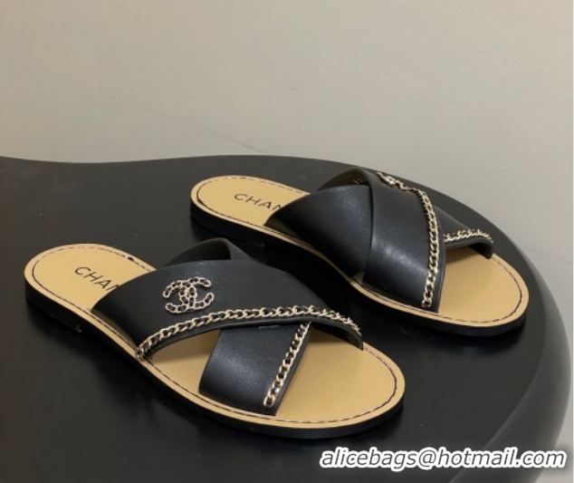 Top Design Chanel Calfskin Leather Flat Slides Sandal with Chain G46976 Black 2026