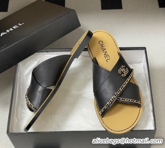 Top Design Chanel Calfskin Leather Flat Slides Sandal with Chain G46976 Black 2026