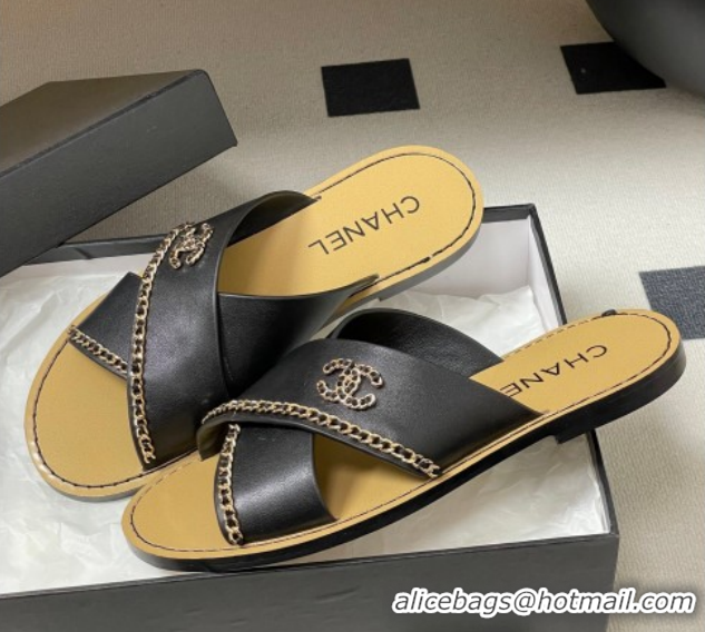 Top Design Chanel Calfskin Leather Flat Slides Sandal with Chain G46976 Black 2026