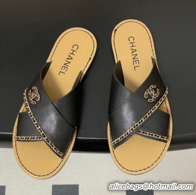 Top Design Chanel Calfskin Leather Flat Slides Sandal with Chain G46976 Black 2026
