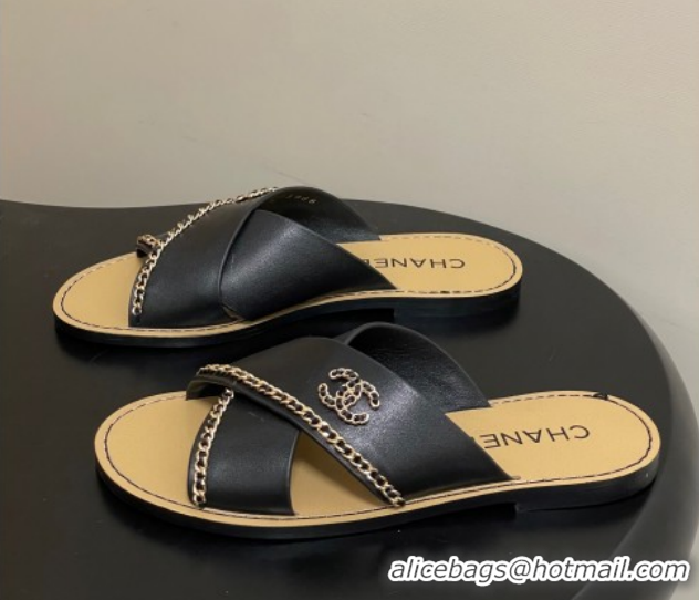 Top Design Chanel Calfskin Leather Flat Slides Sandal with Chain G46976 Black 2026