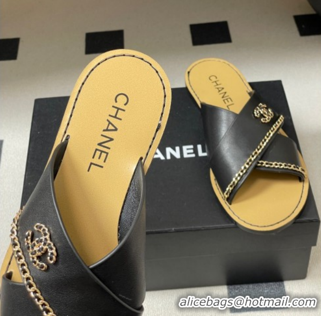 Top Design Chanel Calfskin Leather Flat Slides Sandal with Chain G46976 Black 2026