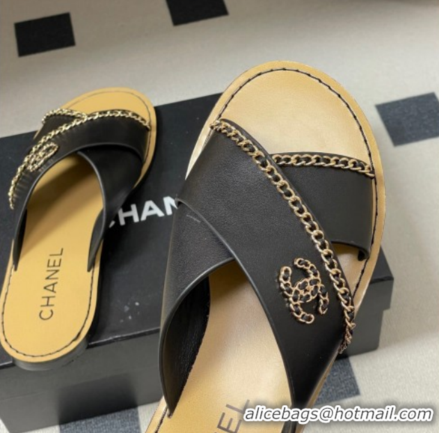Top Design Chanel Calfskin Leather Flat Slides Sandal with Chain G46976 Black 2026